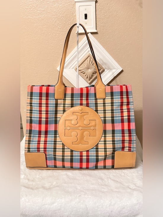 Tory Burch Handbags - Tory Burch Multicolor Plaid Tote with Tan Leather Trim
